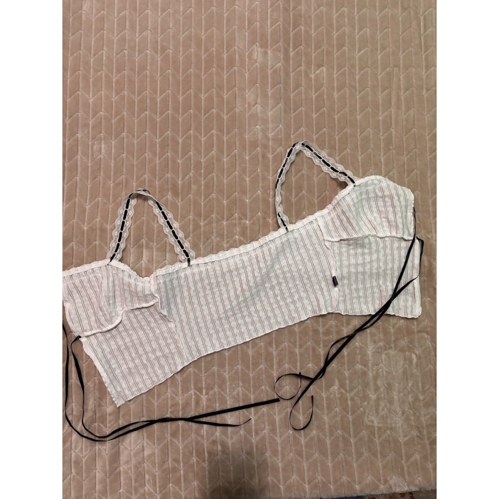 Y2K White Pointelle Ruffle Coquette Top Sz M Satin Bow Lace Trim Cami Fairy - Picture 7 of 9